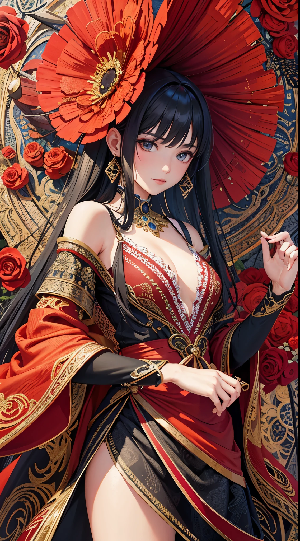 (masterpiece),(Highest quality:1.0), (Ultra-high resolution:1.0), Detailed illustrations, 8k, anime, One girl, beautiful anime girl, Wearing a red dress, Flower Crown, Pretty face, Detailed face, Beautiful Eyes, Detailed eyes, Dark red eyes, Bright red lips, Red lipstick, Beautiful and stylish hair, Hair highlights, bangs anime style, Highest quality, Vibrant