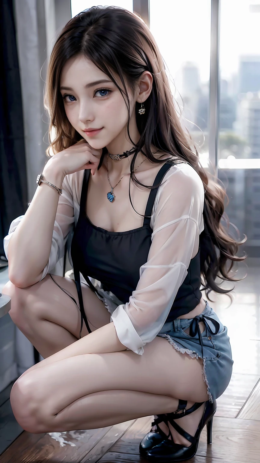 22 year old white female、Hair color is brunette、blue eyes、long hair、The ends of the hair are wavy、setting hair、accessories on wrist、wearing a necklace、has earrings、skin is smooth、Slender but muscular body、smile、wearing a tie front shirt、wearing skinny jeans、smile、Squatting