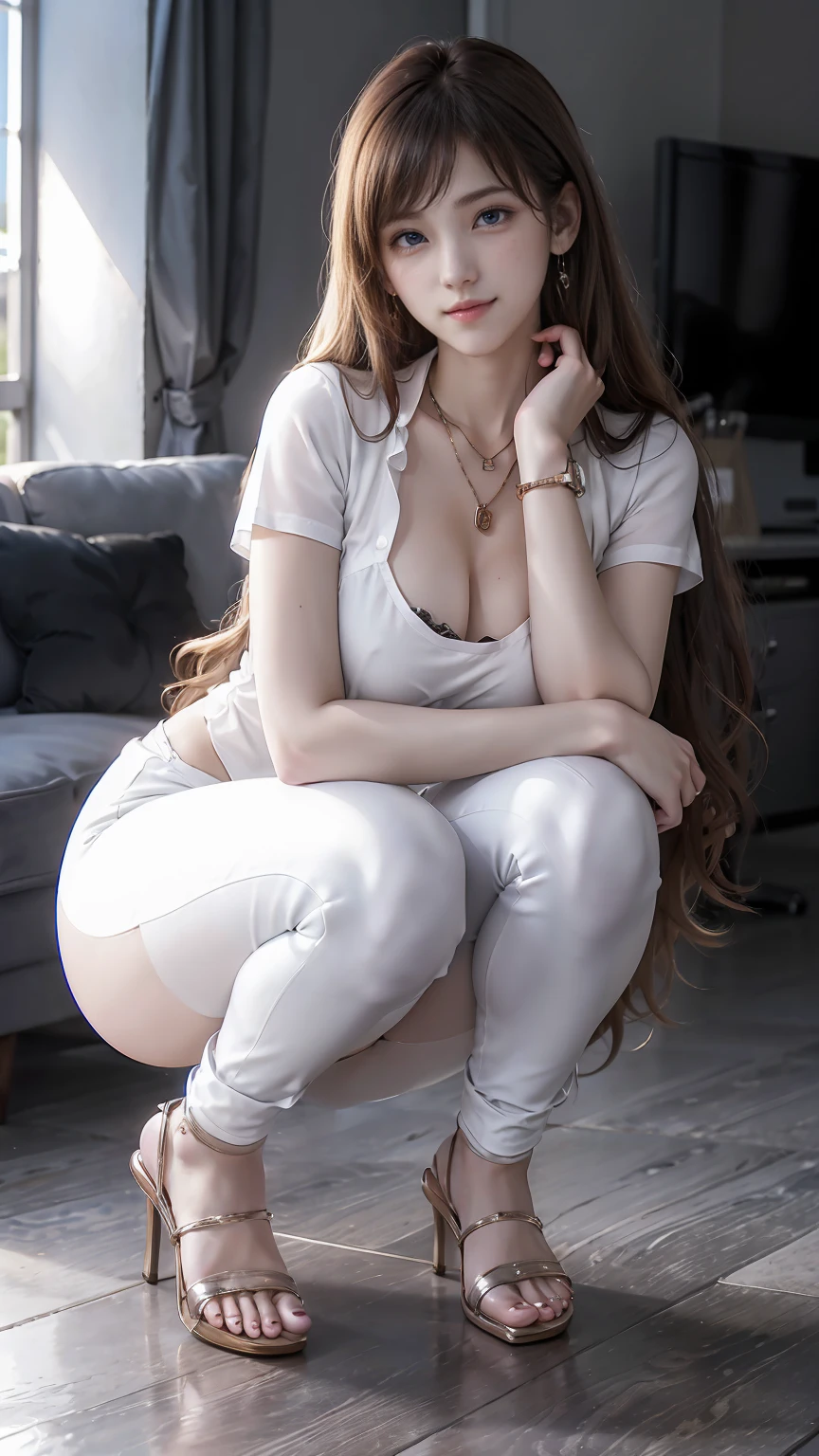 22 year old white female、Hair color is brunette、blue eyes、long hair、The ends of the hair are wavy、setting hair、accessories on wrist、wearing a necklace、has earrings、skin is smooth、Slender but muscular body、smile、wearing a tie front shirt、wearing skinny jeans、smile、Squatting