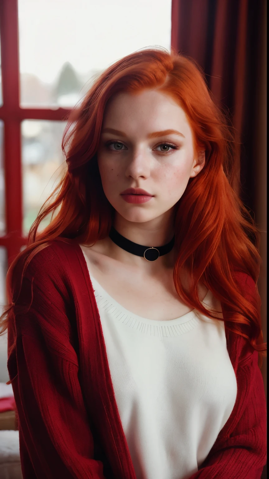 raw photo, (18yo redhead girl:1.2), makeup, graphic eyeliner, rouge, (choker:0.9), realistic skin texture, oversize knit sweater, (red:0.8), softcore, warm lighting, cosy atmosphere, instagram style