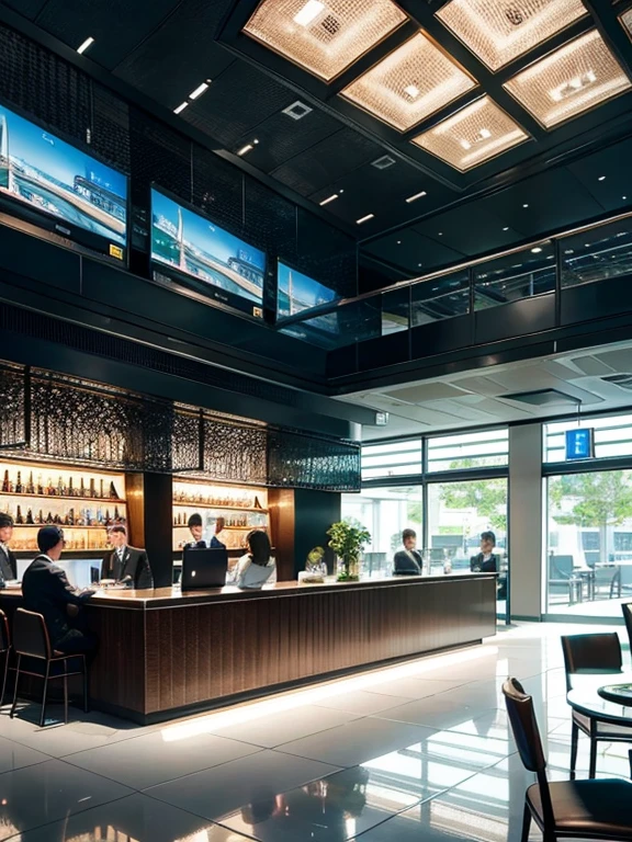 Masterpiece, top quality, 4K definition,
Realistic, textured representation,
Airline standby lounge,
Spacious interior, capable of accommodating thirty individuals,
Divided into zones: high chair area, sofa area, computer area, television lounge, and a bar,
Flight attendants in uniform, resting amidst lush green plants,
Detailed design, showcasing a sophisticated and inviting ambiance.
Imagine an exquisitely rendered airline standby lounge, brimming with intricate detail. The degree of resolution ensures a stunningly clear and lifelike image. The space is efficiently designed and can comfortably accommodate thirty individuals. Divided