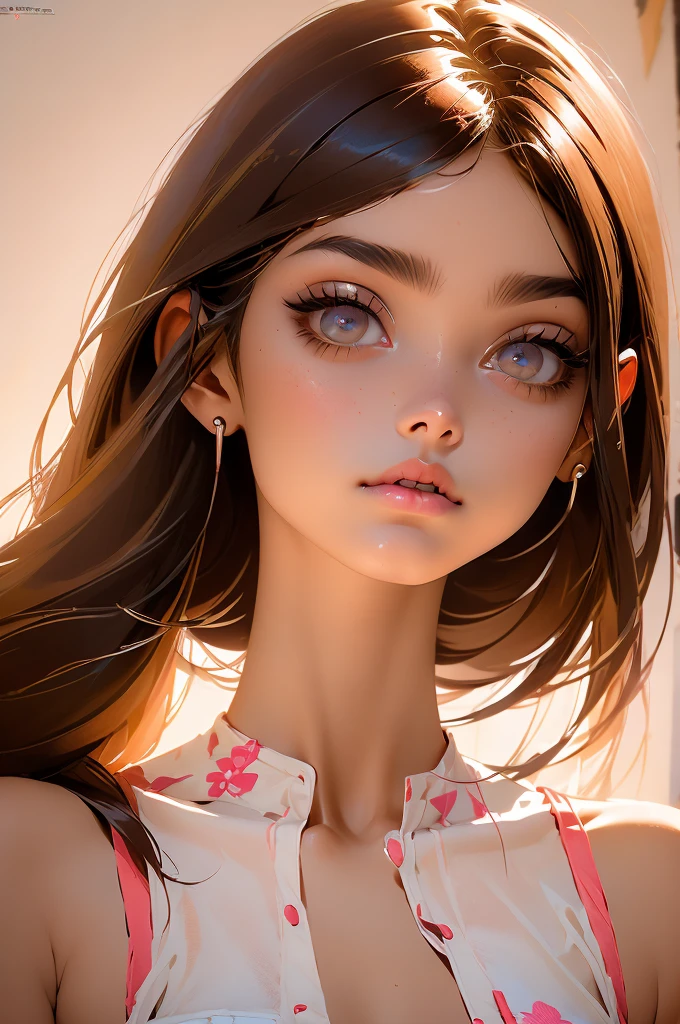 hermosa chica, Brown_ojos, ((Beautiful slim 18-year-old ager, cabello color [Brown highlights cabello], [Pixie socavado] cabello)), pendientes, labios, Realista, cintura estrecha, encantador, pink labiostick, maquillaje colorido, long eyelashes, pendientes, usar delineador de ojos, piel blanca, (lindo), (cara detallada), detailed ojos, iris detallado
