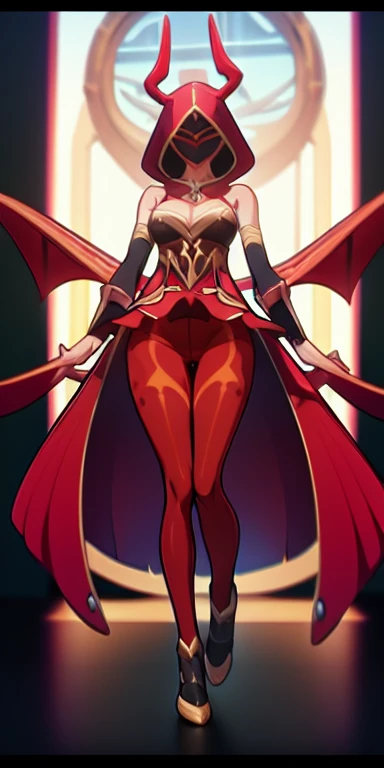 ((best quality)), ((masterpiece)), (detailed),full body anime picture of a mutated demon, blood , hooded , sleeveless strapless outfit , gown , french gown , mask , pantyhose ,  leotard , herald  , hidden eyes , blades , flesh clothing , demon