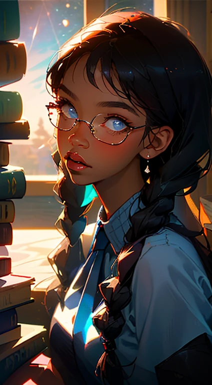 beautiful young woman, 2 long braids, thick bangs, dark hair, a lot of make-up, detailed eyes, detailed hair, detailed face, wearing round glasses, dark skin, portrait. face shot, long head, big nose, big lips, ebony skin, mischievous, blue eyes, wearing white shirt with blue necktie, blue plaid skirt, half body view, slim girl, 16 years old, sitting in the library surrounded by books, warm lamp illuminates the room, there is a window with view of night sky (natural skin textures、Hyper-Realism、Soft light、sharp)