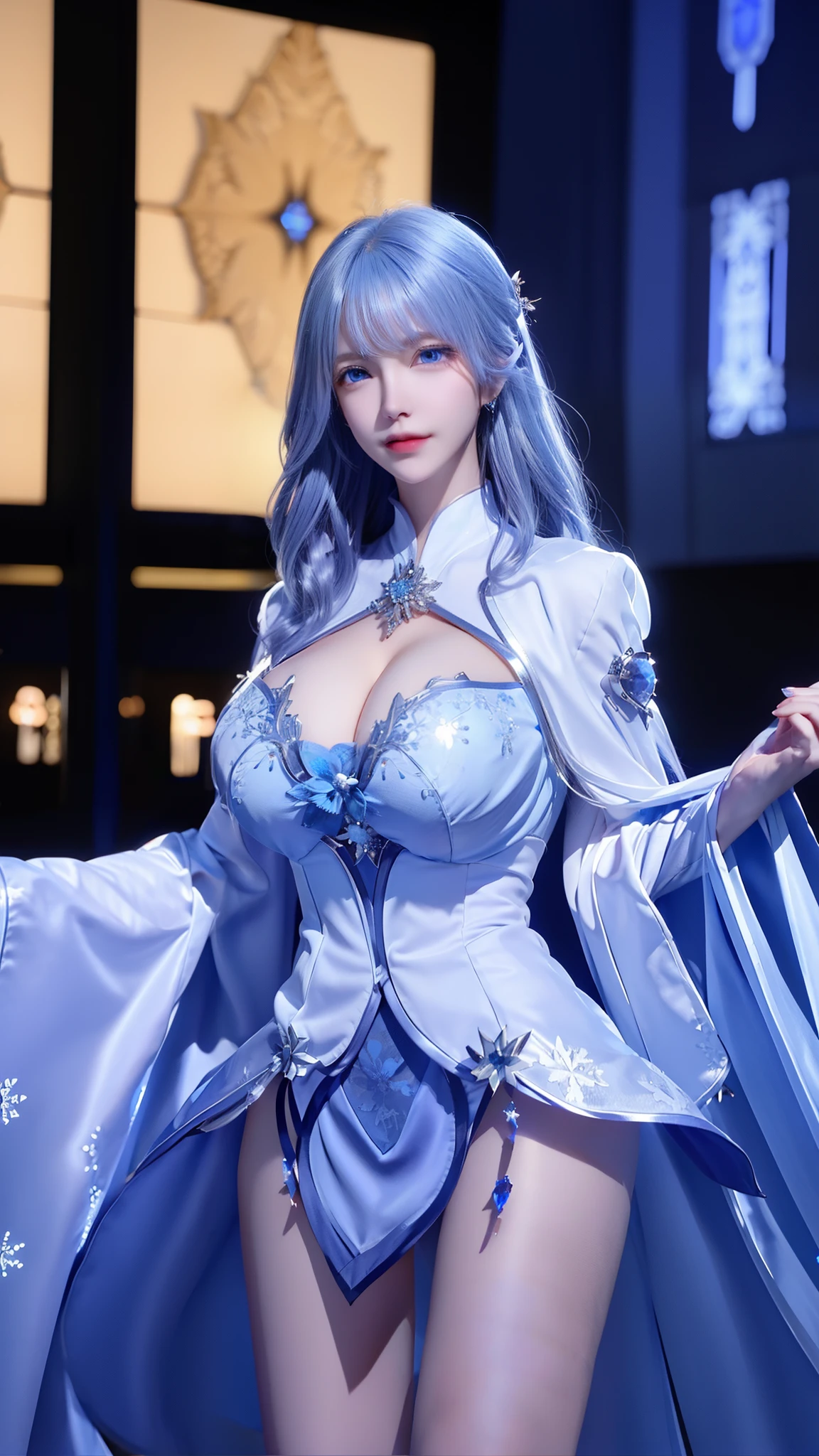 1 girl,adult, cityscape, night,looking at the audience, blue eyes,short skirt,Medium to long white hair, blue hair,cape, white pantyhose,snowflake, floral, jewelry, gem,shining, thigh strap,huge 、huge breasts,4K screen,Dancing,exposing her chest、Show breasts,暴exposing her chest,暴Show breasts,暴Show breasts,Exposing cleavage,Exposing cleavage,