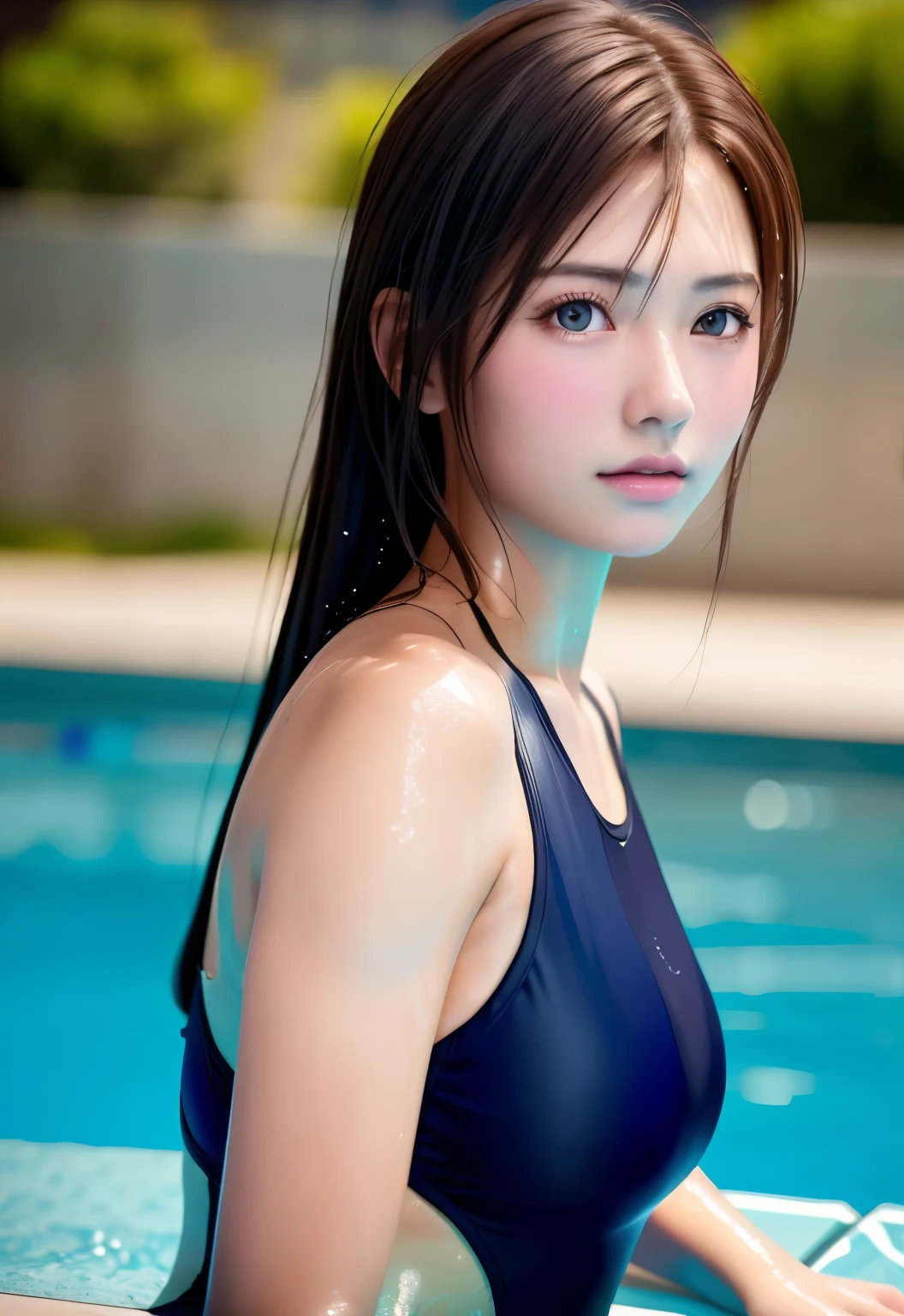 8K, top quality, table top:1.2), (realistic, Photoreal:1.3), top quality, table top, beautiful young woman, pensive expression, Thoughtful look, competitive swimmer、swimsuit、tie hair back, movie background, pale skin、wet skin