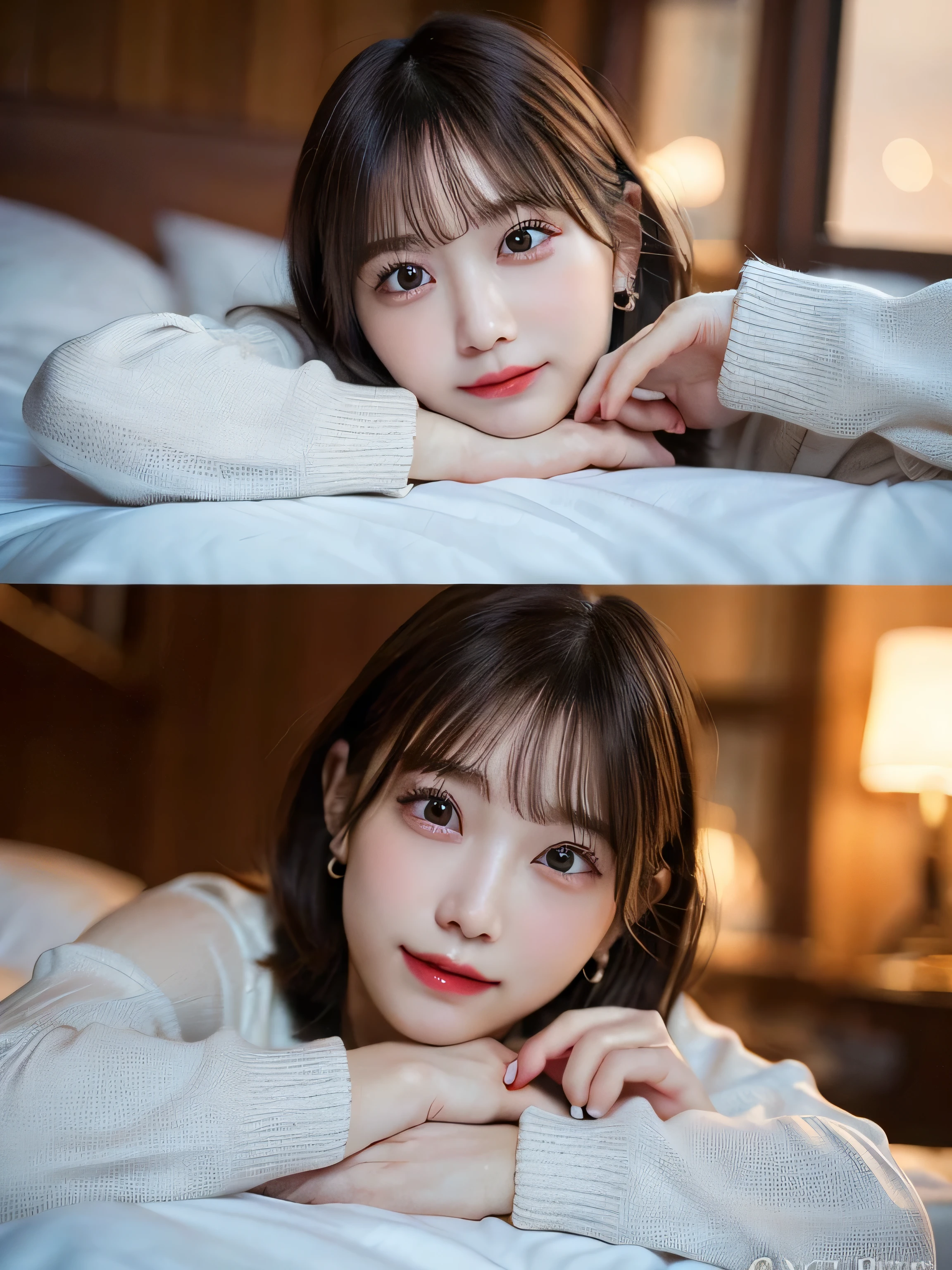(8K, RAW photo, highest quality, masterpiece: 1.2), Super detailed, super resolution, (real photos: 1.37), portrait, High-definition RAW color photo, professional photos, 非常に詳細で美new, very detailed, 8k wallpaper, amazing details, huge file size, official art, very detailed CG Unity 8k wallpaper, very detailed beautiful girls, very detailed facesHighly detailed eyes, very detailed skin, very detailed fingers, very detailed nose, very detailed detailed mouth, perfect anatomy, detailed background, Fine clothes, one girl, (20:1.2), 20th generation, cute girl, real body, small, white skin, glowing skin, because I&#39;thin, handsome body, black hair, short hair, (dull bangs: 1.2), smile, cute, like々new, かわいらnew顔, real istic face, delicate eyes, sagging eyes, cute loungewear, See-through, earrings, sleep, cute sleep face, cowboy shot, landscape, lying together in bed, contrap post, Dynamic Writing, medium breasts, cowboy shot