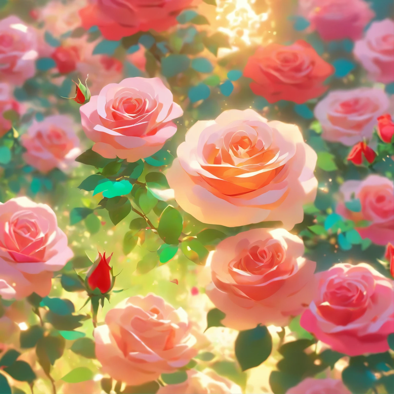 (a close-up view of a rose field),Always a big butterfly,rose field,Beautiful roses,blooming rose,bright colors,tightly packed roses,Soft petals,breeze,green leaves,Fertile soil,Refreshing scent,Summer vibe,peaceful atmosphere,blooming nature,The beauty of tranquility,(best quality,high resolution,masterpiece:1.2),Super detailed,actual,photoactual,soft light,colorful,impressionist style