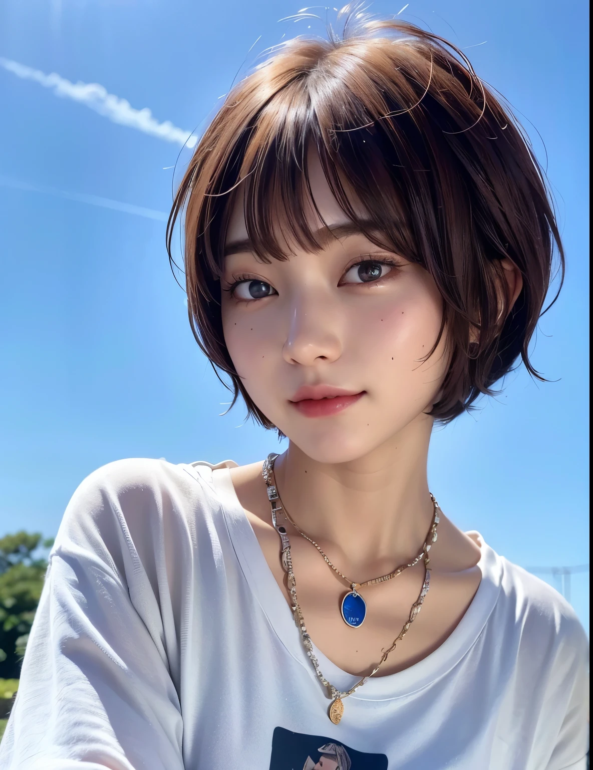 ((highest quality))、(masterpiece:1.4)、Raw photo、8K、((best image quality))、 ((High resolution))、Beautiful face in every detail、realistic human skin、gentle expression、(one woman:1.3 )、realistic、Photoreal、(very short hair:1.4)、(Beautiful woman)、(cute japanese girl)、(boyish:1.4)、(mannish)、((Beautiful woman))、(beautiful hair)、((dark brown hair))、(((red cheeks)))、(((her eyes are big)))、20 year old beauty、(her face is small:1.8)、small head、((long neck))、white skin、spotless skin、With bangs、everyone admires、日本のBeautiful woman、8 heads tall、(necklace)、(music festival:1.4)、singer、(concert t-shirt)、smile、(oversized clothes:1.3)、happy look、(play bass guitar:1.3)、(on stage:1.3)、stand microphone、Wristband、bracelet、band group vocals、music live、