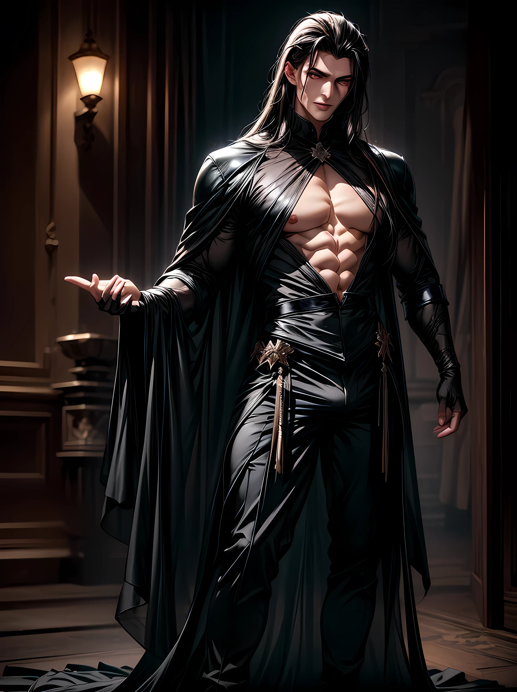 Top Quality, Photorealistic, 8K, High Definition, absurd res, high res, ultra sharp, masterpiece, (masterpiece), best quality, expressive eyes, perfect face, Super eyes, masterpiece, a muscular handsome vampire god, mouth open showing vampire teeth, clawed glove, wet body, showing a bulge, Irregular Flared Long-sleeved Loose Shirt, full body black transparent clothes standing in a dark coven, mesh pants, full body, tall, pecs, facial details, detailed body part details, 8k wallpaper eyes, perfect face