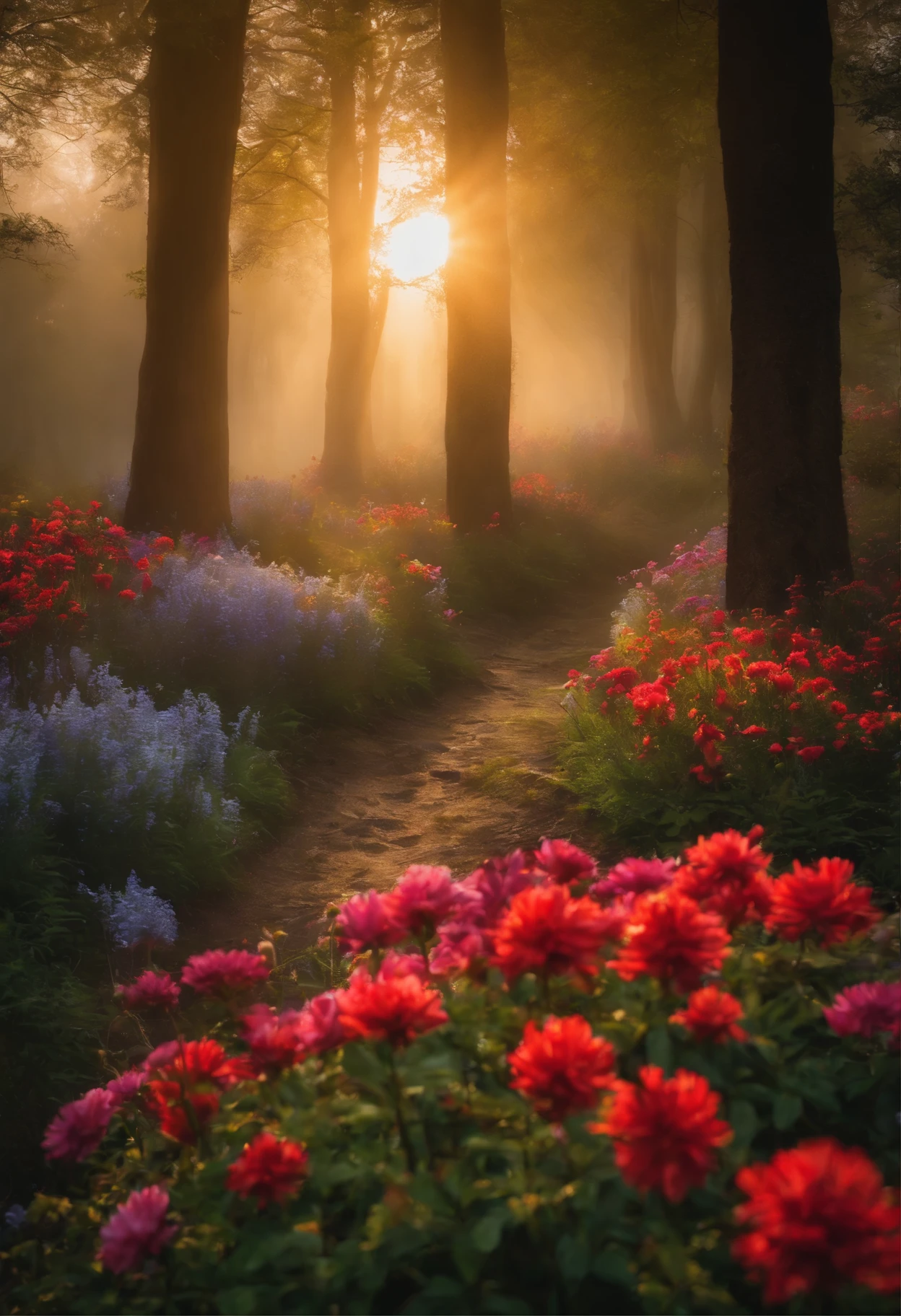 very many beautiful flowers,stream,Sun exposure,fog