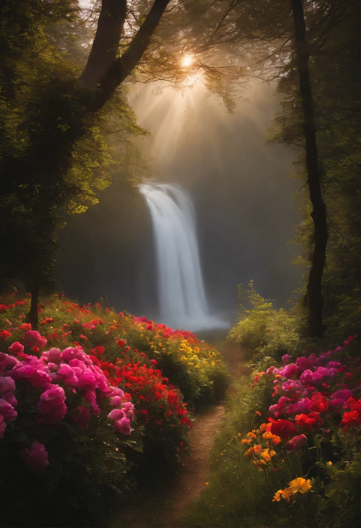 very many beautiful flowers，stream，Sun exposure，fog