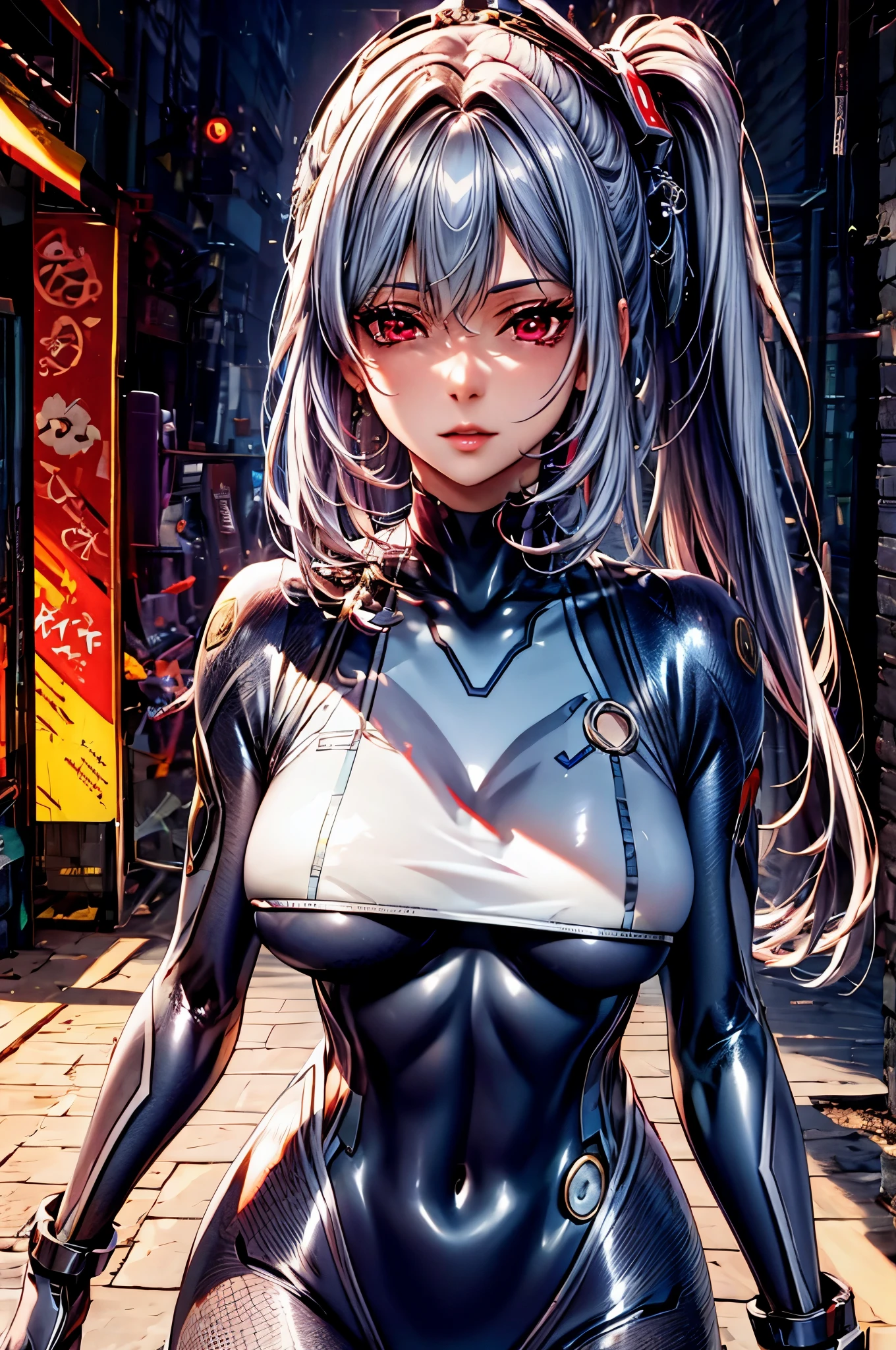 detailed face，detailed red eyes，highres，32K，symmetric outfit，bodysuit，detailed hair