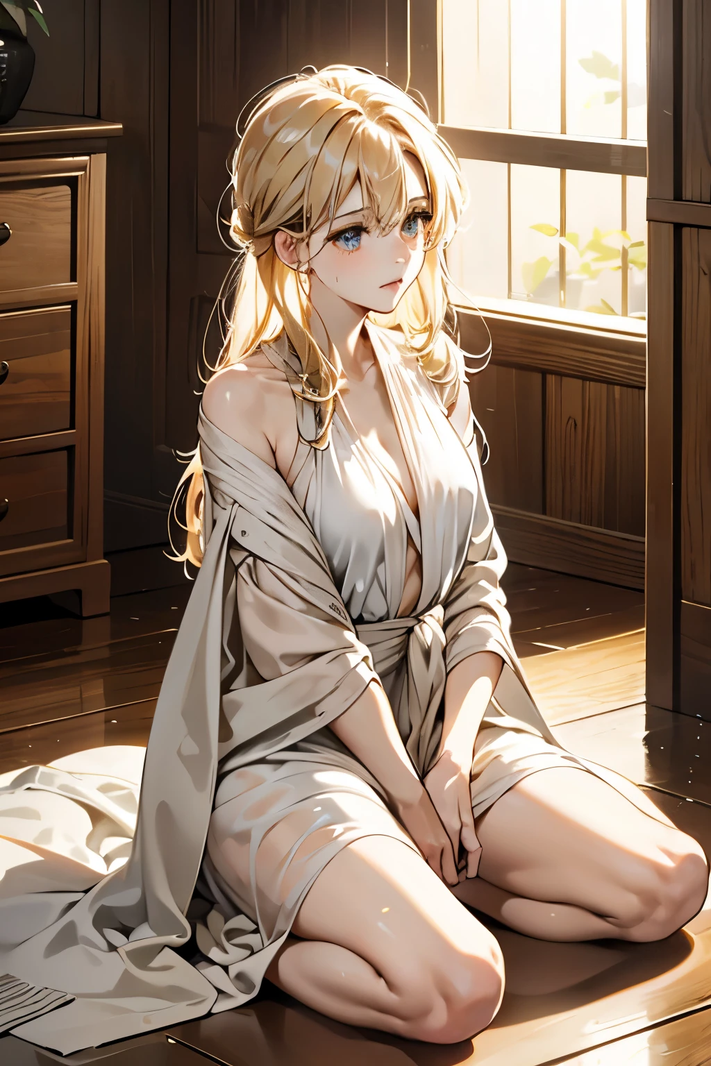 NFSW、42 year old married woman after taking a bath、the whole body is wet、Her straight golden hair is tied up.、The nape of the neck is exposed、sitting with legs apart、sitting on the floor with one knee up、Turn your head away and look at the floor、Relieved and calm expression、She wears a revealing robe with the front part exposed.、immoral background、dimly lit room、