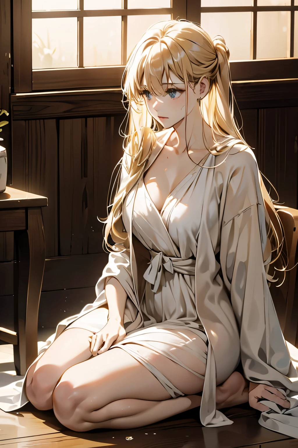 NFSW、38 year old married woman after taking a bath、the whole body is wet、Her straight golden hair is tied up.、sitting on a chair with one knee up、Turn your head away and look at the floor、Relieved and calm expression、Wearing a revealing robe with the front open、immoral background、dimly lit room、