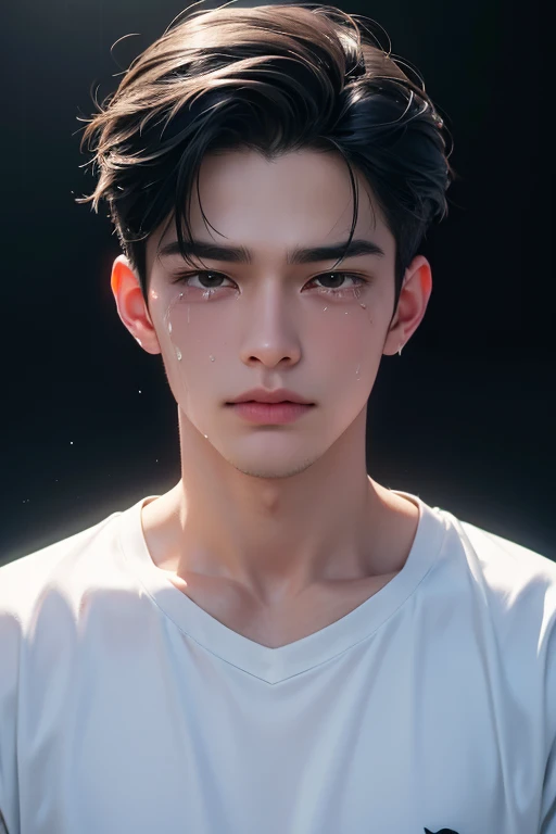 ((High quality)), ((masterpiece)), ((highly detailed)), perfect face, realistic, ((man)), ((Asian)), full body, young, 20 years old, black hair, comma hair style, ((handsome)), detailed eyes, beautiful detailed nose, realistic body, realistic light, comfortable exprssions, cute guy, sweat guy, cool guy, young, ((sad)), ((crying)), tears, sadness, rain, ((scream))