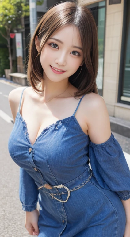 masutepiece, Best Quality, Illustration, Ultra-detailed, finely detail, hight resolution, 8K Wallpaper, Perfect dynamic composition, Beautiful detailed eyes, summer  dress,Medium Hair, Big breasts, Natural Color Lip, Random and sexy poses,Smile,Aoyama Street Walk、20 years girl、Cute