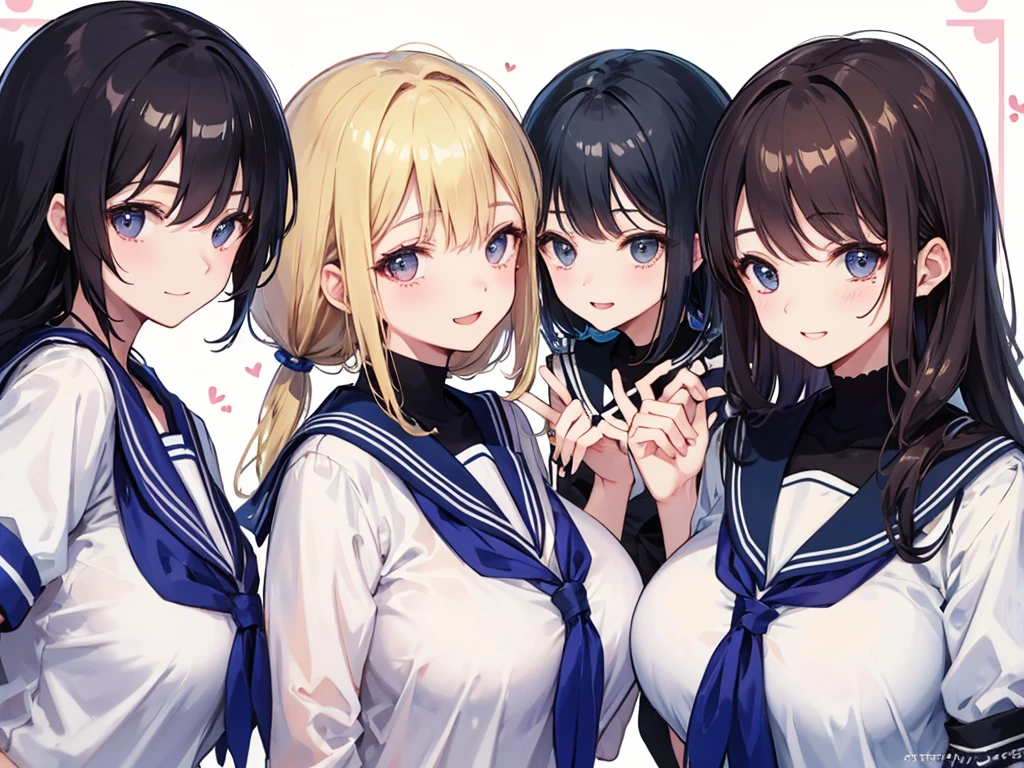 masterpiece、highest quality、detailed、High resolution、very delicate and beautiful、Beautiful teenage girl、multiple women、(5 women),sailor suit,cute hairstyle、simple background、upper body close-up、huge breasts、smiling、laughing、Purikura