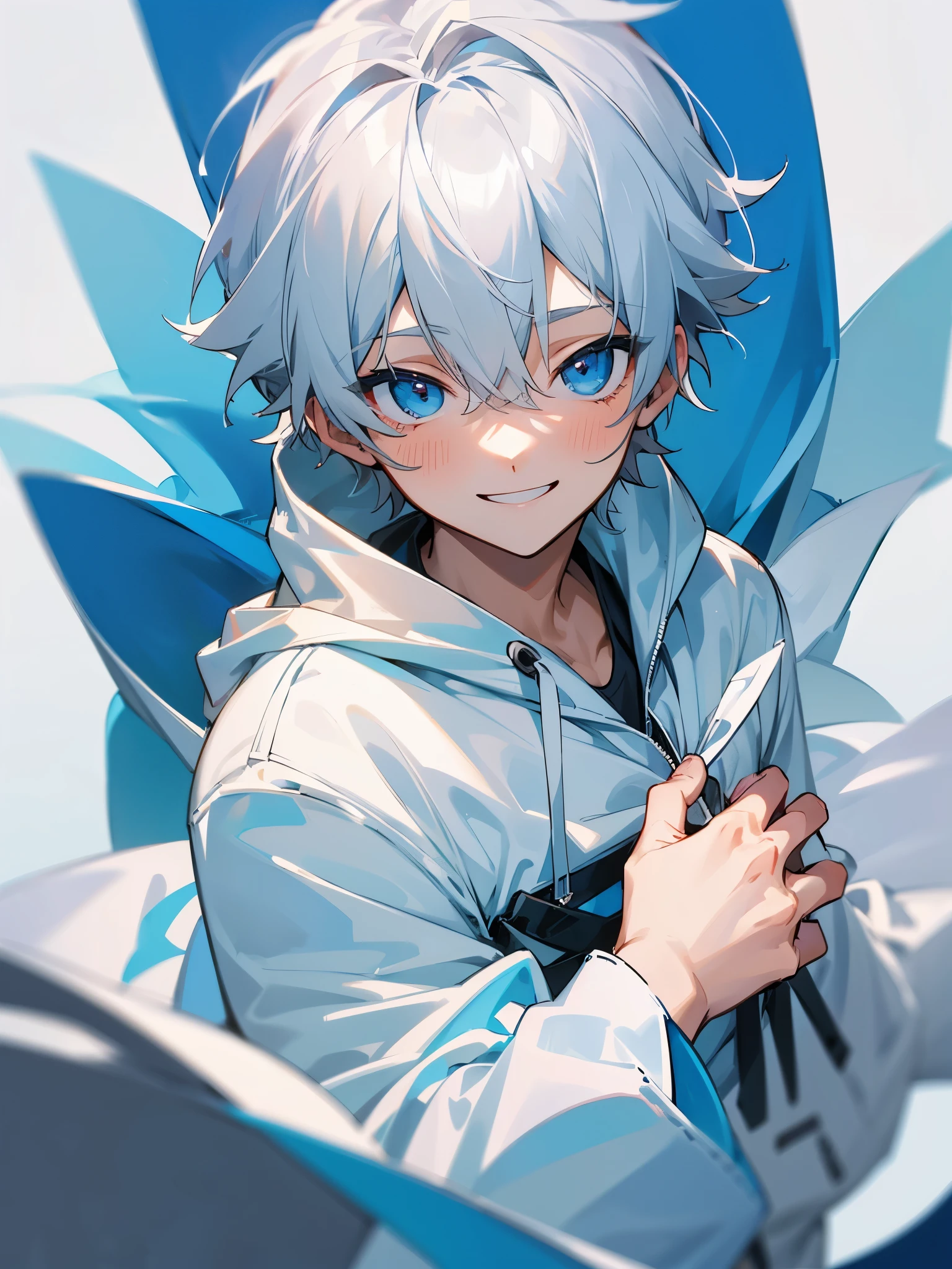 youtuber gray hair light blue eyes boy smile white hoodie