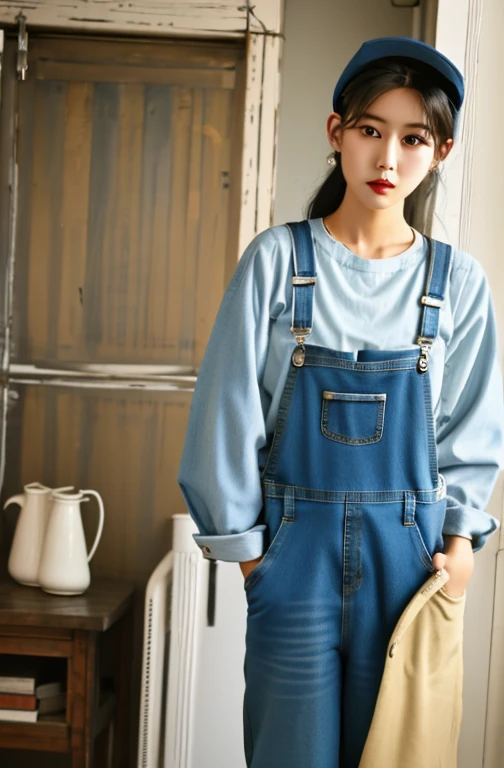 arafed woman in blue overalls standing in a room, wearing blue jean overalls, blue overalls, wearing overalls, artist wearing overalls, male ulzzang,  overalls,  ruan jia beautiful!, starving artist wearing overalls,  wearing dirty overalls