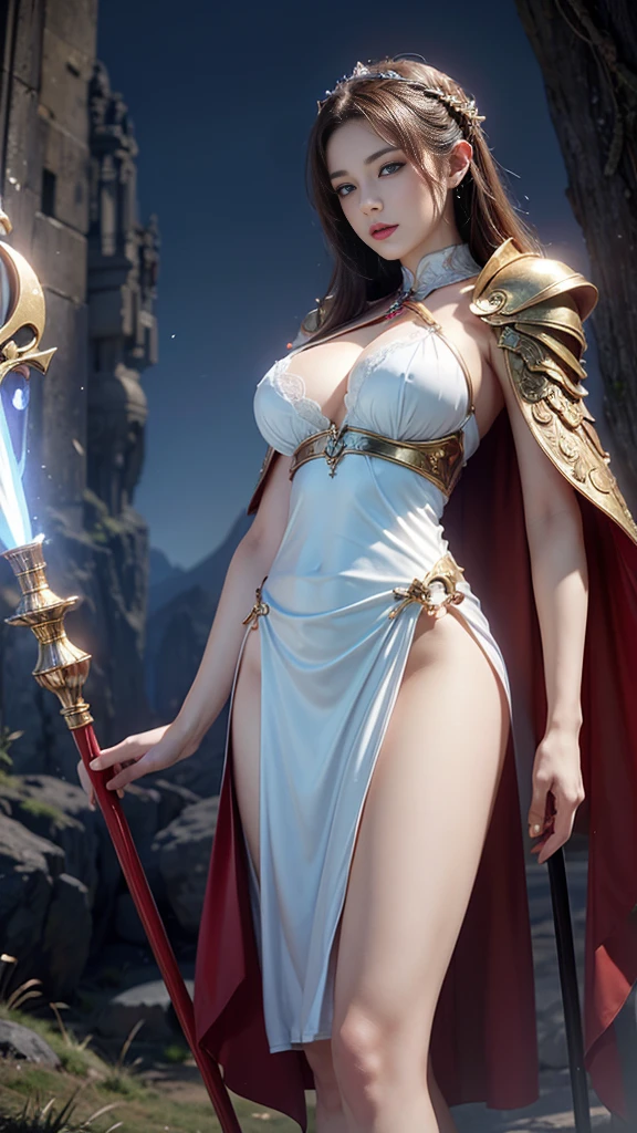 Young woman, goddess, (((Blue and red eyes))), Beautiful makeup, bright red lips, Short white lace dress, (thin), hair, (hairสีดำ, hairตรง, hairยาวมาก), milk, (, เต้าmilkใหญ่,  augmentation), shape, (small waist, ร่างกายthin), (majestic, Charming Succubus), (Short white dress, tight fitting, gold pattern), (Red coat, floating cloak), (Few pieces of armor, hand), (dynamic poses), (holding sacred weapons, long staff, antique walking stick, Sorcerer's Staff, Witch's Staff), CG, Realistic resolution, 8K, light transmission figure, fight, Monster, Magic, beam, (sky backdrop, cliff, meadow, Dungeon, historic site),