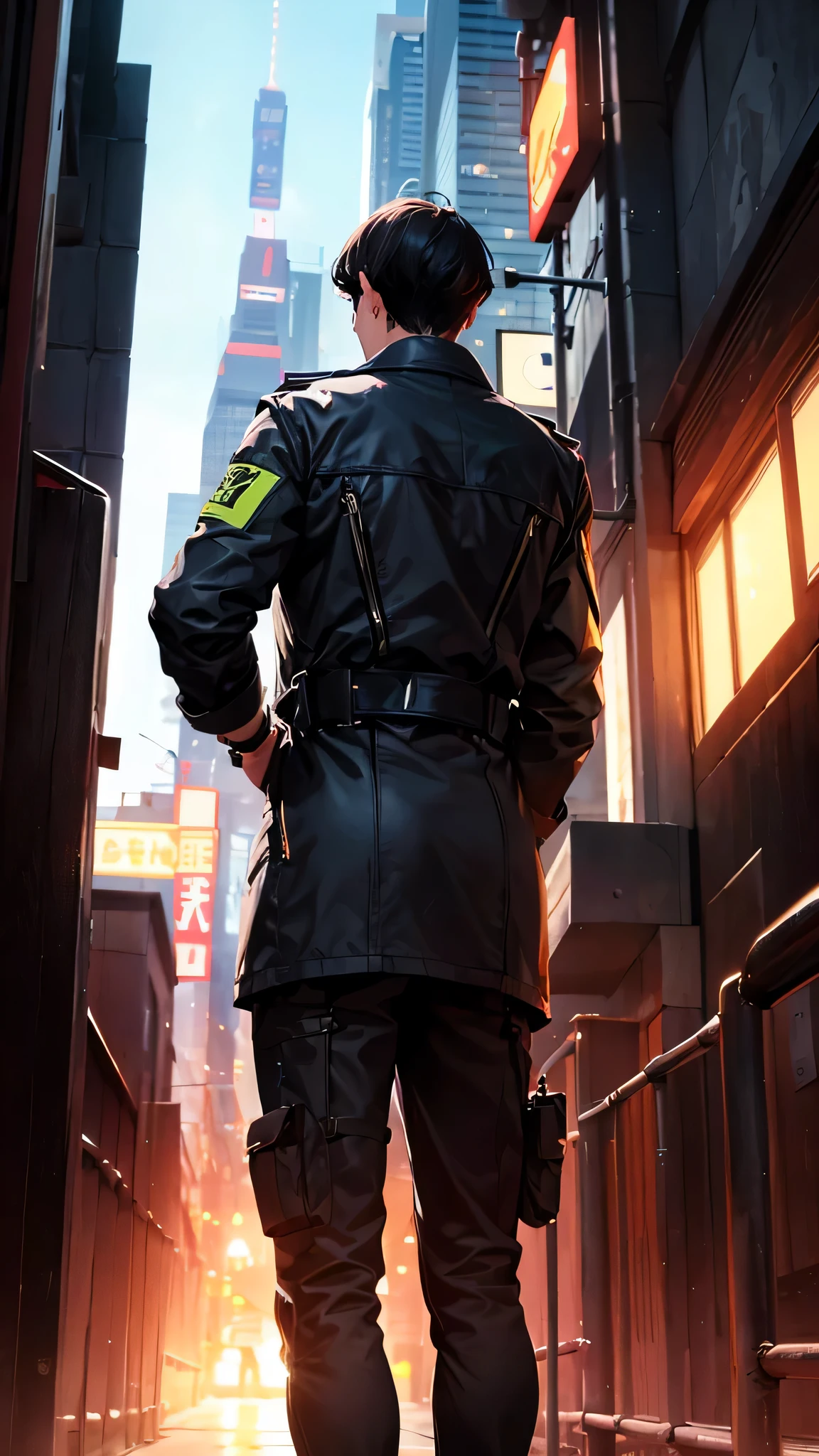 (Horizontal light and shadow, ultra high definition, higher, super detailed,masterpiece,many details)(night)((Two tall men are chatting'Shoulder,1.5)),put on fire uniform,Street patrol,Turn your back to the camera,The feeling of loneliness,panoramic