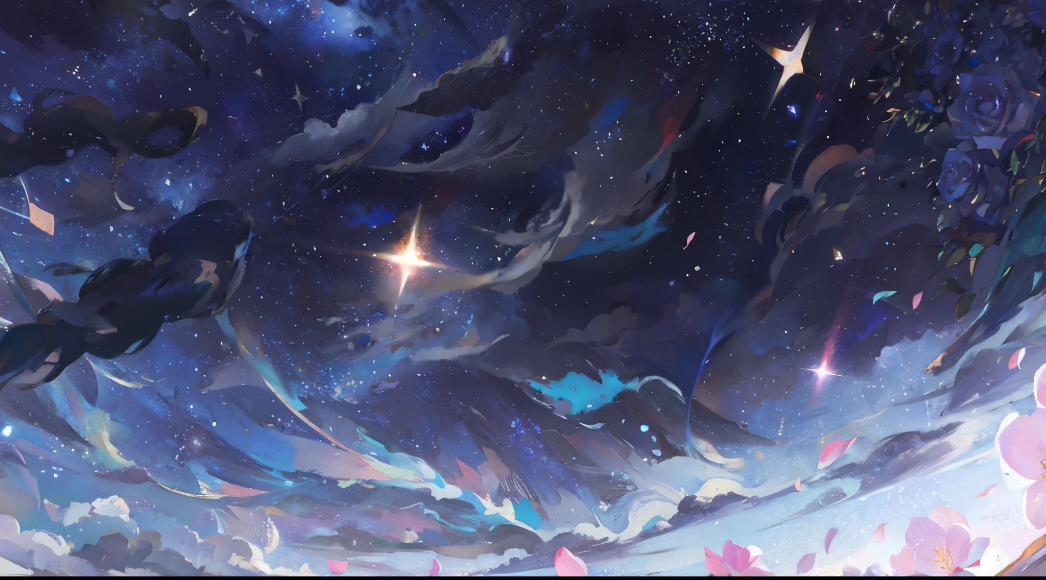 Starry sky with clouds, writing, rosebuds, pink rosebuds on the bottom right, background artwork, moonlit starry sky setting, starry sky, european romance, writing romance, roses and roses, starry sky, background art, stars in the background, magical backgrounds, starry sky, starry night, anime backgrounds, starry sky, stars in the background, dreamy night, celestial body backgrounds