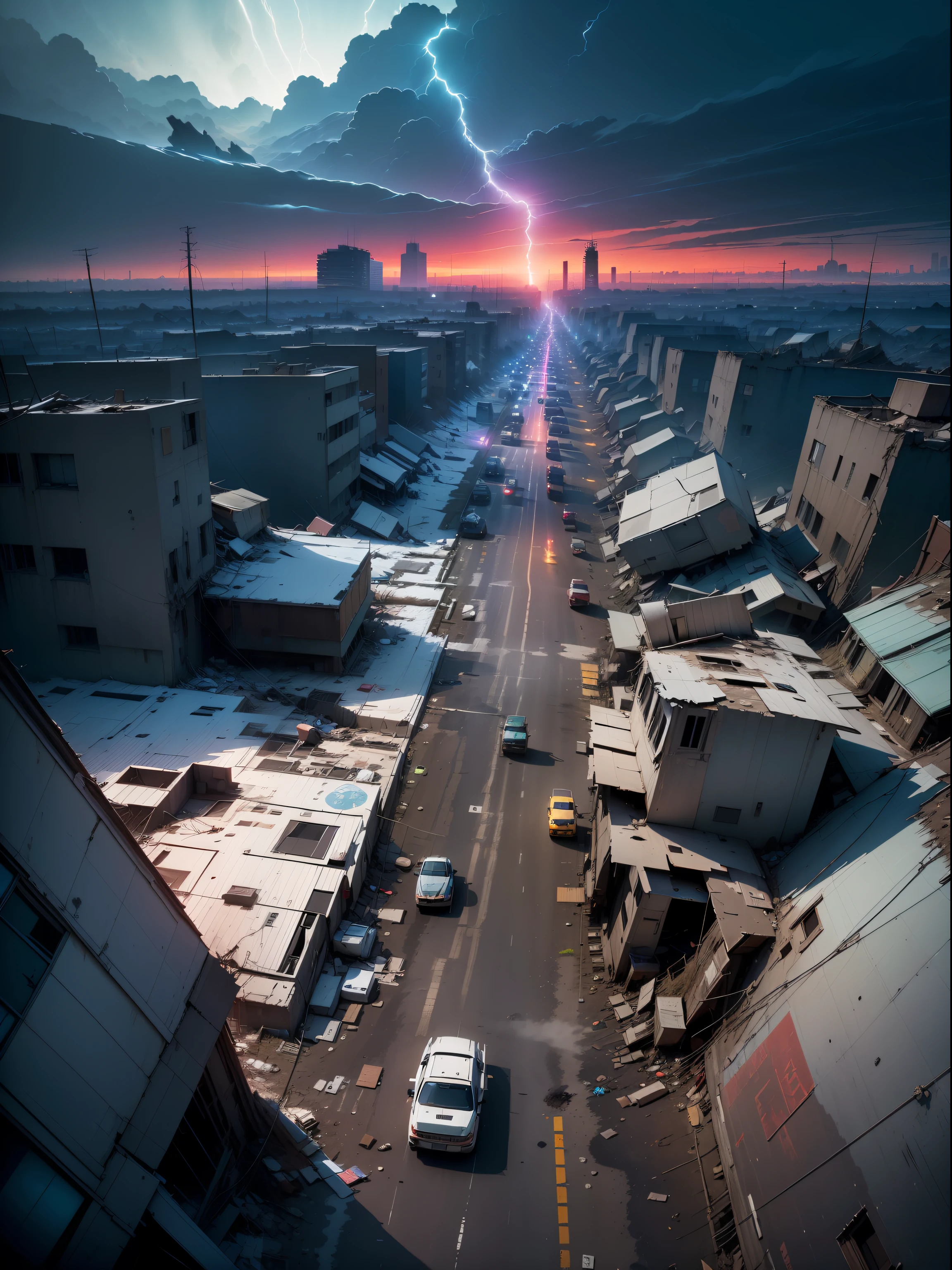 (wide view), wasteland, city ruins, (a man in front of ((huge mech wreckage)), dim light, streets, collapsed utility poles, scattered power lines, electric sparks, tattered future vehicles, garbage heaps, standing water in the big beach, rocks, dense weeds, dense dust smoke, ruined neon lights, heavy clouds, dusk, high quality, (super fine), (light detailed), detailed, accurate, 16k resolution, master works, (movie lights) , (cyberpunk style), dynamic perspective