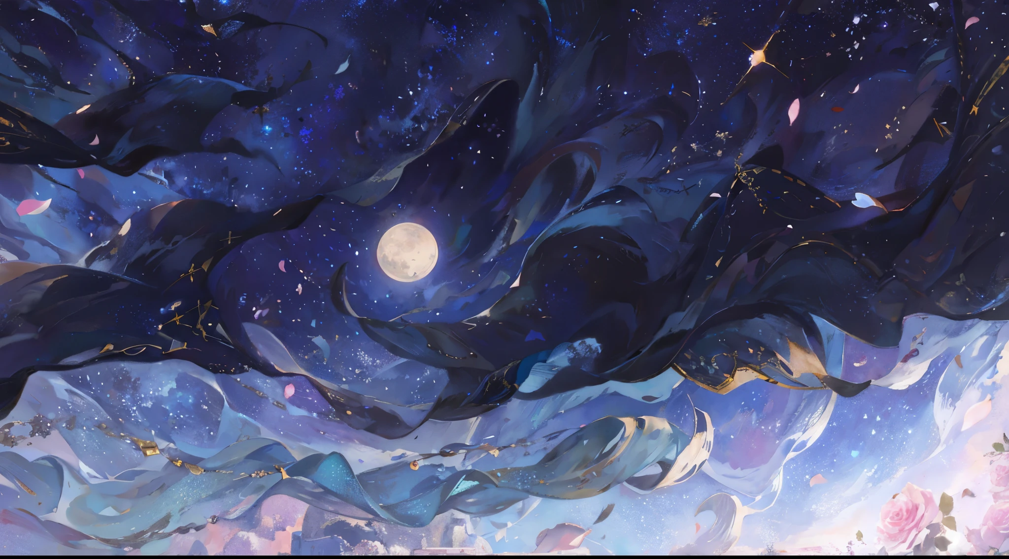Starry sky with clouds, writing, rosebuds, pink rosebuds on the bottom right, background artwork, moonlit starry sky setting, starry sky, european romance, writing romance, roses and roses, starry sky, background art, stars in the background, magical backgrounds, starry sky, starry night, anime backgrounds, starry sky, stars in the background, dreamy night, celestial body backgrounds