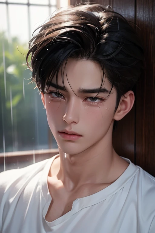 ((High quality)), ((masterpiece)), ((highly detailed)), perfect face, realistic, ((man)), ((Asian)), full body, young, 20 years old, black hair, comma hair style, ((handsome)), detailed eyes, beautiful detailed nose, realistic body, realistic light, comfortable exprssions, cute guy, sweat guy, cool guy, young, ((sad)), ((crying)), tears, sadness, rain, ((scream)) ((shout))