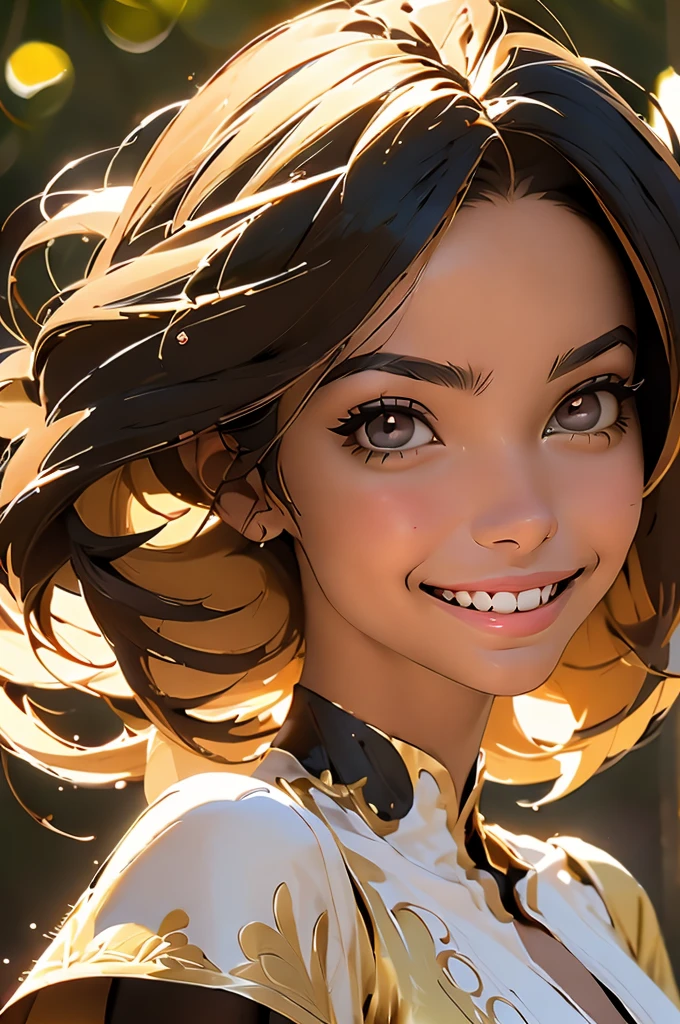 Mejor calidad, fotorrealista, 8k, high resolution, 1 chica, mujer, (professional lighting), (retrato:0.6), (vestido sin hombros:1.72), gorgeous, pelo negro, (cabello corto:1.2), (1 chica eyes mirando al espectador:1.4), ((mirando al espectador:1.6)), (mirando a la camara), fotorrealista, (bokeh), (Llevaba:0.6), (dynamic pose:1.2), SFW, (Sonrisa:1.6), (nSFW:1.3)