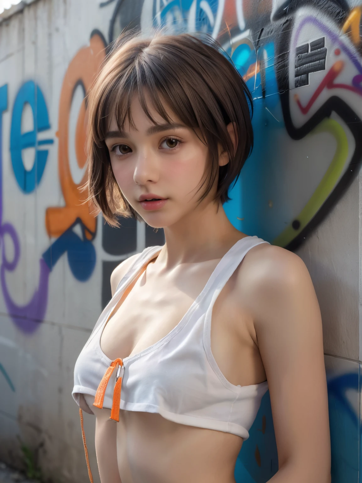 masterpiece, best quality, ultra detailed, 8k, photo realistic, 1girl, solo, tomboy, ultra detailed face, face close-up, (head shot:1.4), standing against a wall full of hiphop graffiti, light brown pixie cut hair, (small breasts:1.5), wearing ivory short tank-top and unzipped orange hoodie, hands in hoodie pockets