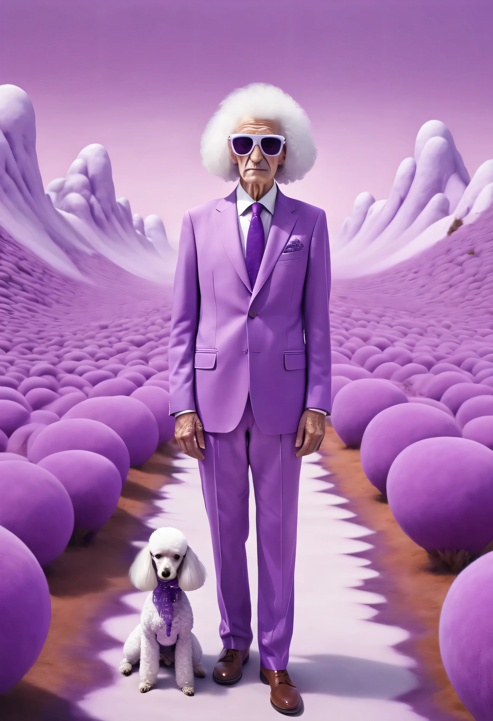 The man is wearing purple clothes, Wearing a white and purple suit, Surreal 3D landscape style, Poodle Punk, Dalia Endresen, Pseudo infrared, Grandparent core, Surreal pop