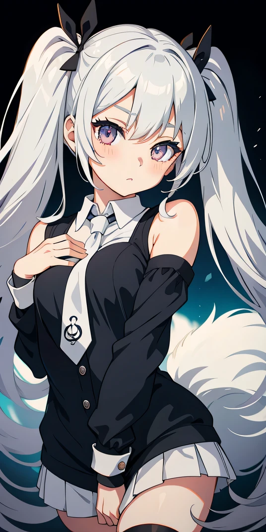 Anime girl with silver twintails and silver tie, silver eyes