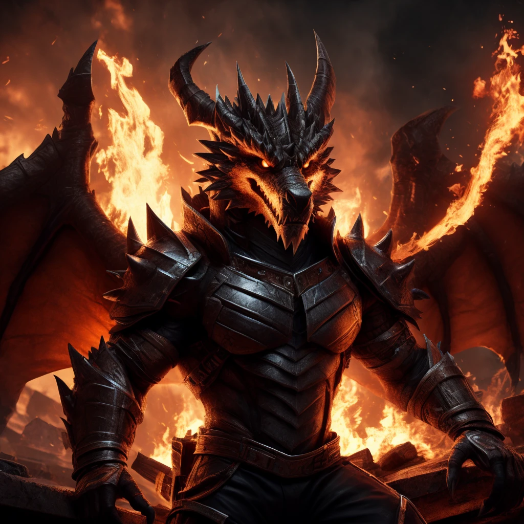 Furries，black long，solo，male, Detailed eye，super meticulous，Fine fur texture，CG，There is fire on the body，deathwing, detailed eyes, detailed body, detailed face, 8k HD, hdr, wings, detailed eyes, detailed body, detailed face, 8k HD, hdr,