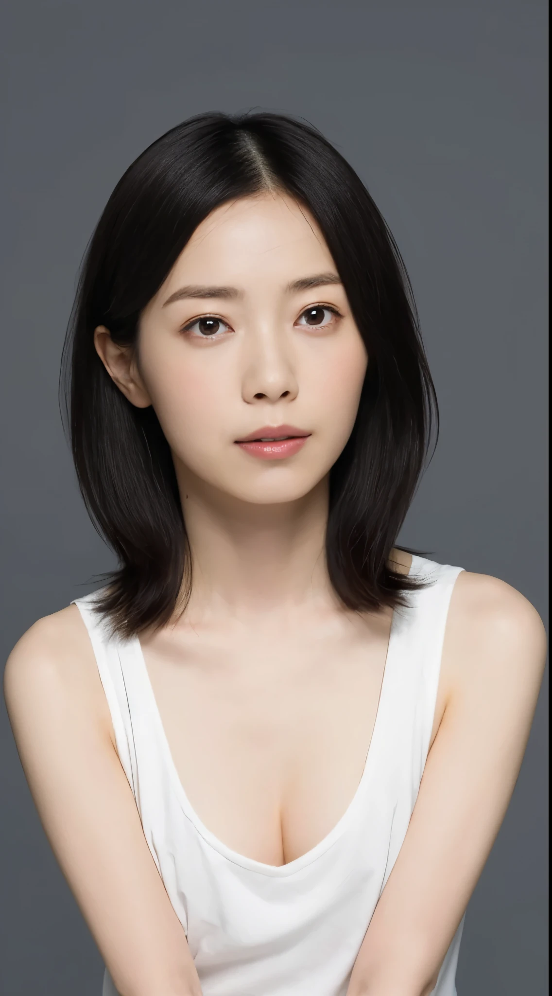 Japanese, Women of short stature, petite physique, Medium build, medium height, slightly plump, Short arms, single eyelid, long slit eyes, Ephemeral atmosphere, 30-year-old girl, black bob hair, ((thin lips)), white top and bottom underwear, muste piece, best quality, detailed skin, detailed eyes, ,8K, good anatomy, upper body portrait