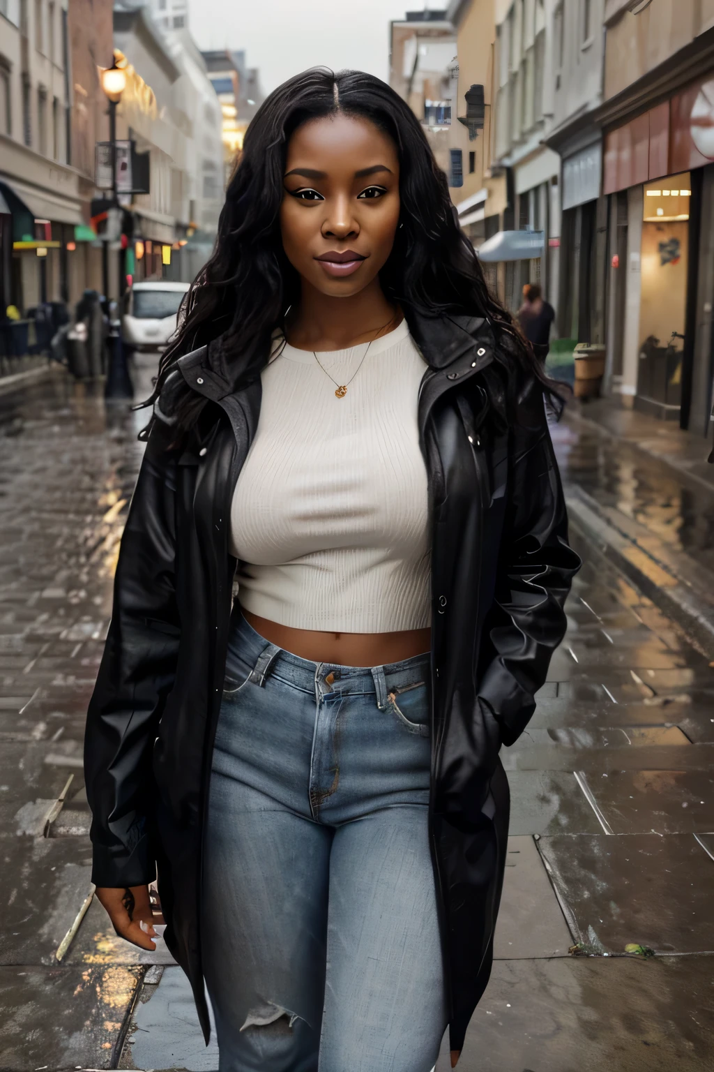 Erstellen Sie eine hyperrealistische, photorealistic photo of 30 year old black woman, Emphasizing her detailed and perfect facial features, hat lange, slightly curly black hair and striking gray-hazel eyes. kleine Nase, kurvig, Very big tits, Brustgröße (Cup size 90K). capturing the essence of her beauty and maturity, characteristic of a 30 year old black MILF. Der Stil sollte hochwertig sein, Kunstrealismus, Jedes Detail wird erfasst, um eine lebensechte und authentische Darstellung zu vermitteln. On a rainy city street, He is wearing a yellow raincoat, dunkle Jeans, und Regenstiefel, holds a colorful umbrella. She is standing on a wet sidewalk, with visible raindrops and city buildings nearby.