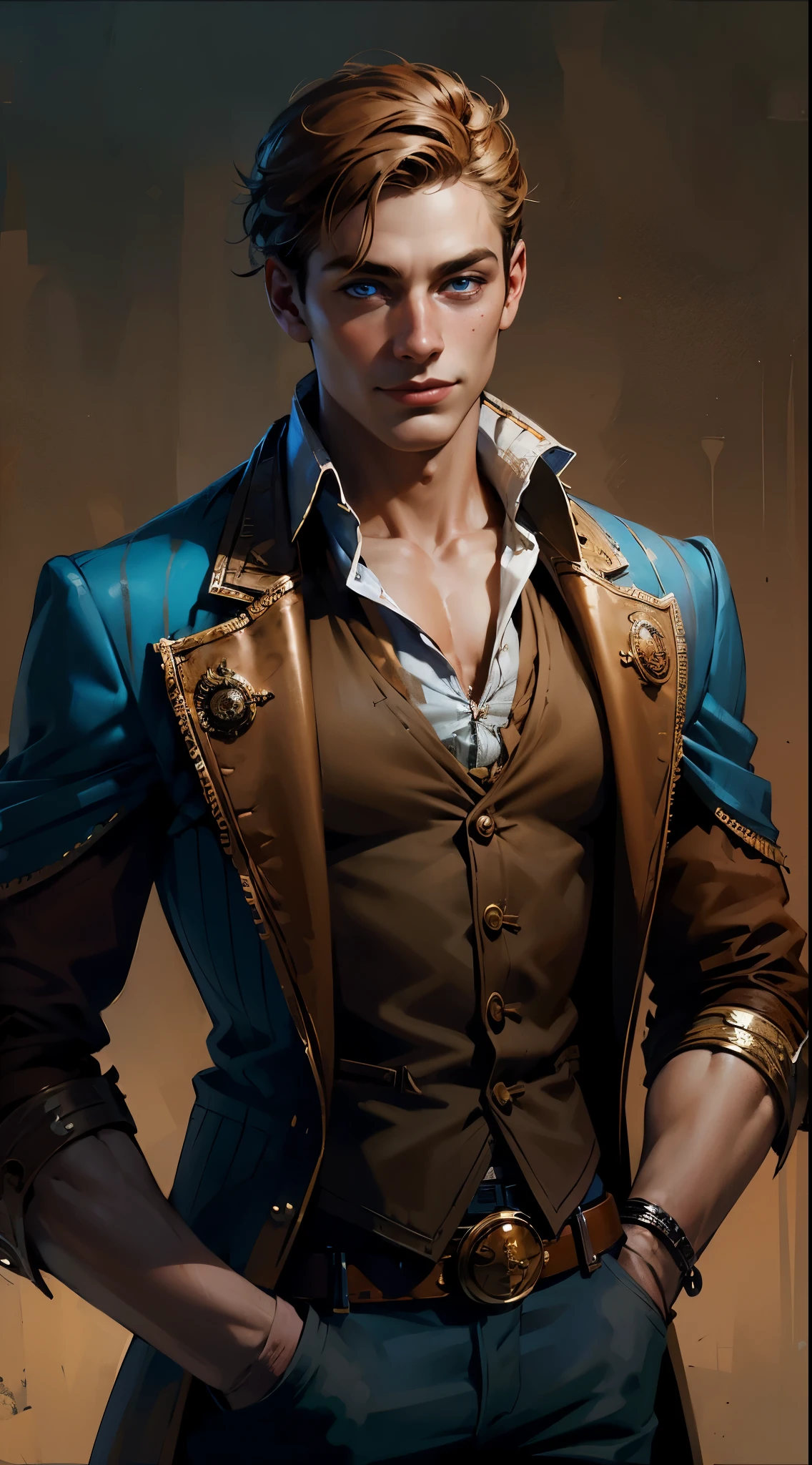 fantasy steampunk, a young attractive man, brush cut, freckles, blue eyes, tan skin, smiley face, unbuttoned red doublet, circus background, he is an illusionist and mage, , steampunk cowboy style in clothes, Western fantasy style