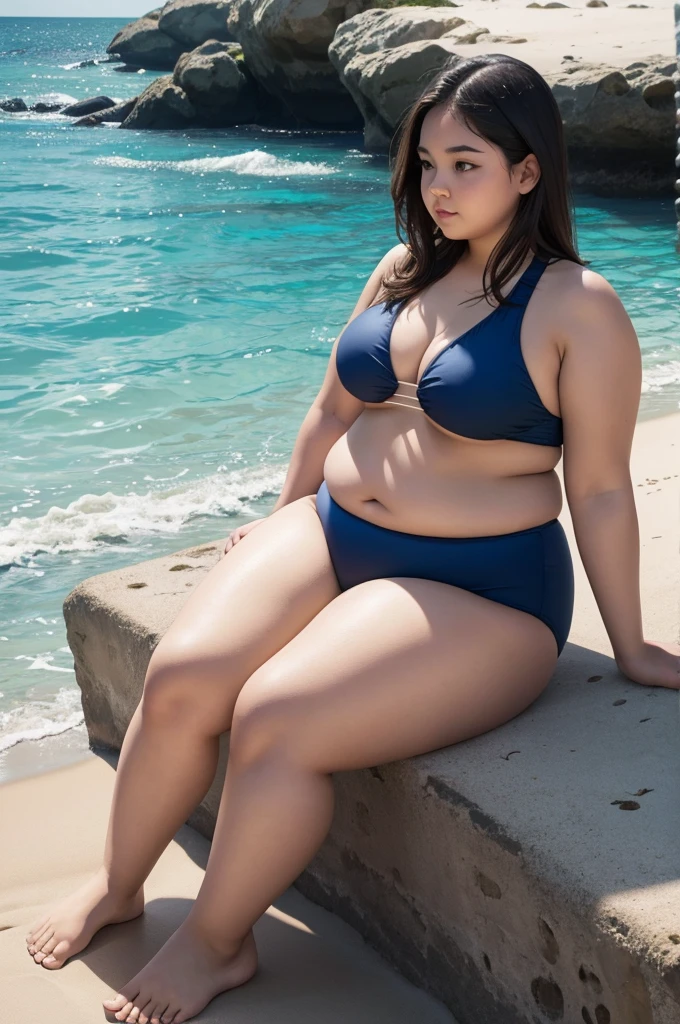 overweight young woman, fat, female child, swimwear, beach