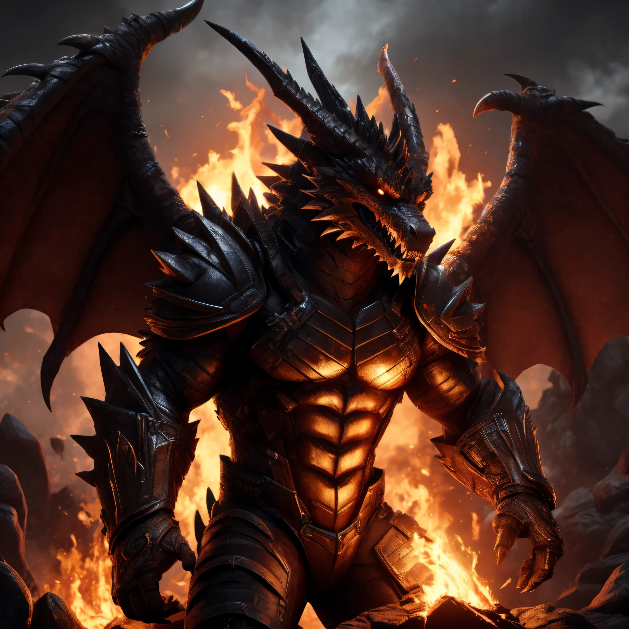Furries，black long，solo，male, Detailed eye，super meticulous，Fine fur texture，CG，There is fire on the body，deathwing, detailed eyes, detailed body, detailed face, 8k HD, hdr, wings, detailed eyes, detailed body, detailed face, 8k HD, hdr,