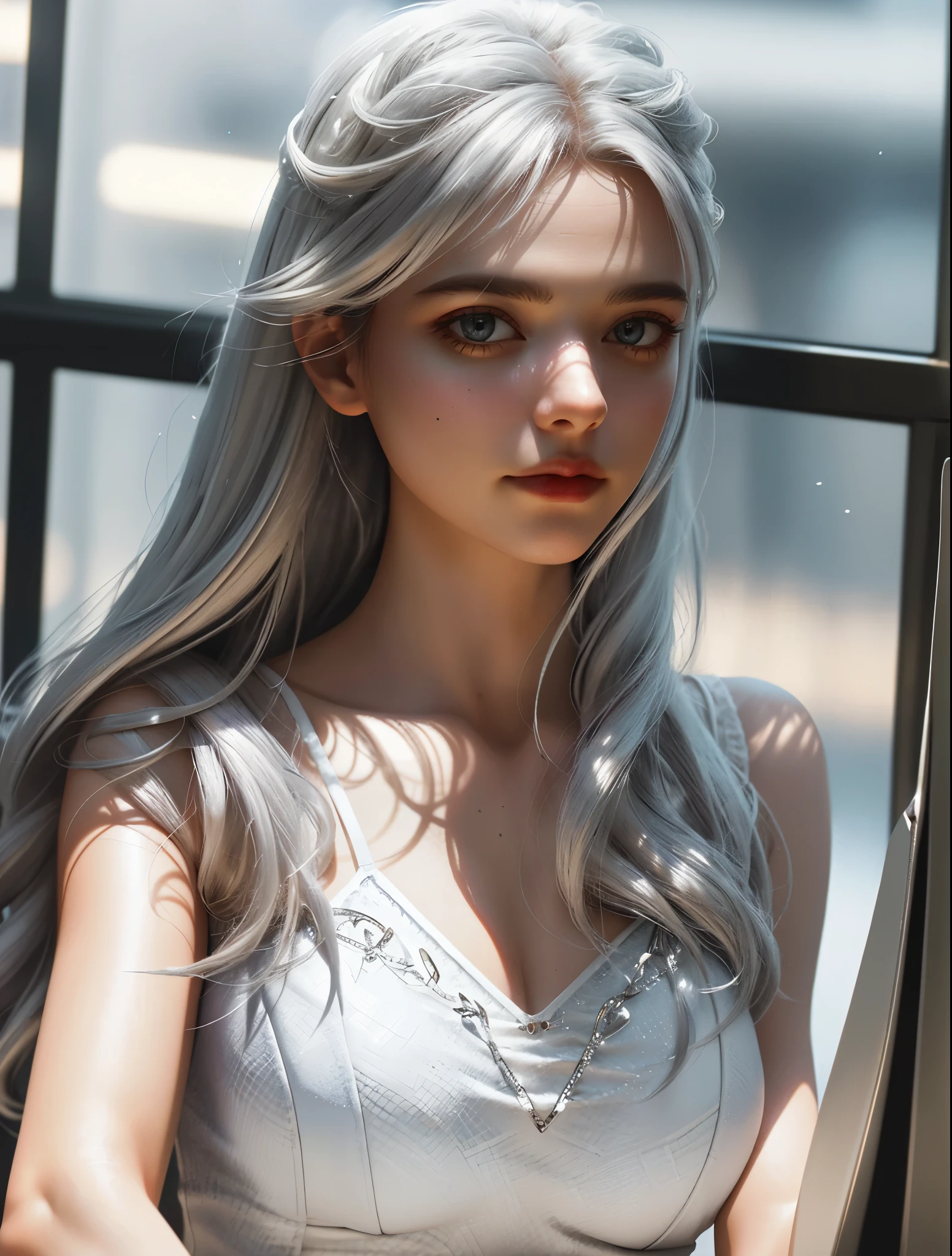 (Extreme Detail CG Unity 8K wallpaper, masterpiece, highest quality), (Exquisite lighting and shadow, highly dramatic picture, Cinematic lens effect), a beautiful girl in a white Spider-Man costume, white lingerie, silver gray hair color, long hair, from the Spider-Man parallel universe, Wenger, Marvel, Spider-Man, on the restaurant, very beautiful face, dynamic pose), (excellent detail, excellent lighting, wide angle), (excellent rendego on restaurant, enough to stand out in its clasocus on white Spider-Man costumes, complex spider textures
