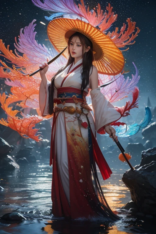 (8k, original photo:1.2), best quality, ultra High resolution, dramatic angle, (fluttered detailed color splashs), (illustration), ( (long hair), (rain:0.9), (hat: 1.4), Cultivation novel Chinese beauty，sexy body，plump breasts，long legs，There is an ancient palace next to the fairy sword in your hand, hanfu, (emphasize), color ink painting, (Splash color), Splash color, (((colorful))), (sketch: 0.8), masterpiece, best quality, beautiful painting, High detailed, (Denoise:0.6), [splash ink], ((Ink refraction)), (beautiful detailed sky), moon, High, detailed, (masterpiece, best quality, extremely detailed) CG unified 8K wallpaper, masterpiece, best quality, super detailed), (Garlic), medium bust, pink clothes, gold leaf element style