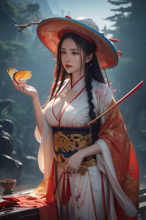 (8k, original photo:1.2), best quality, ultra High resolution, dramatic angle, (fluttered detailed color splashs), (illustration), ( (long hair), (rain:0.9), (hat: 1.4), Cultivation novel Chinese beauty，sexy body，plump breasts，long legs，There is an ancient palace next to the fairy sword in your hand, hanfu, (emphasize), color ink painting, (Splash color), Splash color, (((colorful))), (sketch: 0.8), masterpiece, best quality, beautiful painting, High detailed, (Denoise:0.6), [splash ink], ((Ink refraction)), (beautiful detailed sky), moon, High, detailed, (masterpiece, best quality, extremely detailed) CG unified 8K wallpaper, masterpiece, best quality, super detailed), (Garlic), medium bust, pink clothes, gold leaf element style