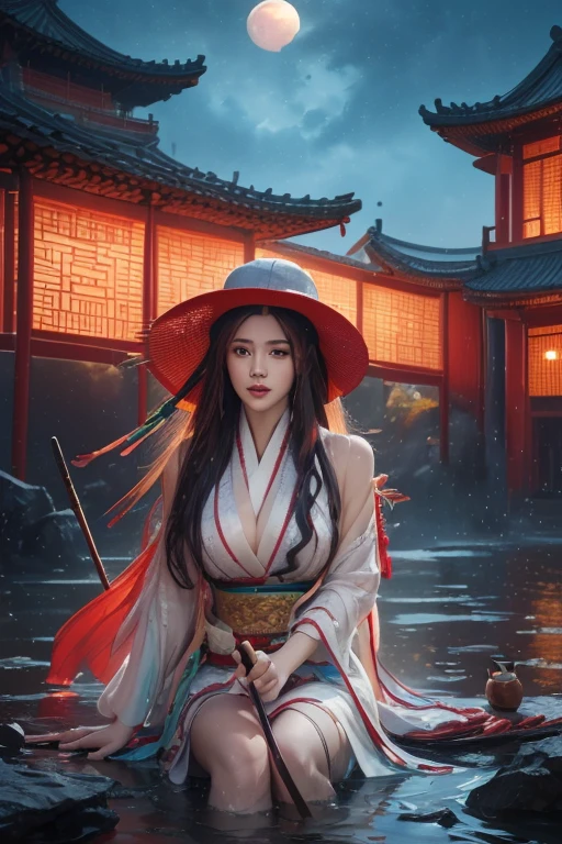 (8k, original photo:1.2), best quality, ultra High resolution, dramatic angle, (fluttered detailed color splashs), (illustration), ( (long hair), (rain:0.9), (hat: 1.4), Cultivation novel Chinese beauty，sexy body，plump breasts，long legs，There is an ancient palace next to the fairy sword in your hand, hanfu, (emphasize), color ink painting, (Splash color), Splash color, (((colorful))), (sketch: 0.8), masterpiece, best quality, beautiful painting, High detailed, (Denoise:0.6), [splash ink], ((Ink refraction)), (beautiful detailed sky), moon, High, detailed, (masterpiece, best quality, extremely detailed) CG unified 8K wallpaper, masterpiece, best quality, super detailed), (Garlic), medium bust, pink clothes, gold leaf element style