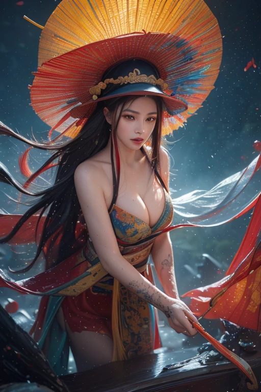 (8k, original photo:1.2), best quality, ultra High resolution, dramatic angle, (fluttered detailed color splashs), (illustration), ( (long hair), (rain:0.9), (hat: 1.4), Cultivation novel Chinese beauty，sexy body，plump breasts，long legs，There is an ancient palace next to the fairy sword in your hand, hanfu, (emphasize), color ink painting, (Splash color), Splash color, (((colorful))), (sketch: 0.8), masterpiece, best quality, beautiful painting, High detailed, (Denoise:0.6), [splash ink], ((Ink refraction)), (beautiful detailed sky), moon, High, detailed, (masterpiece, best quality, extremely detailed) CG unified 8K wallpaper, masterpiece, best quality, super detailed), (Garlic), medium bust, pink clothes, gold leaf element style