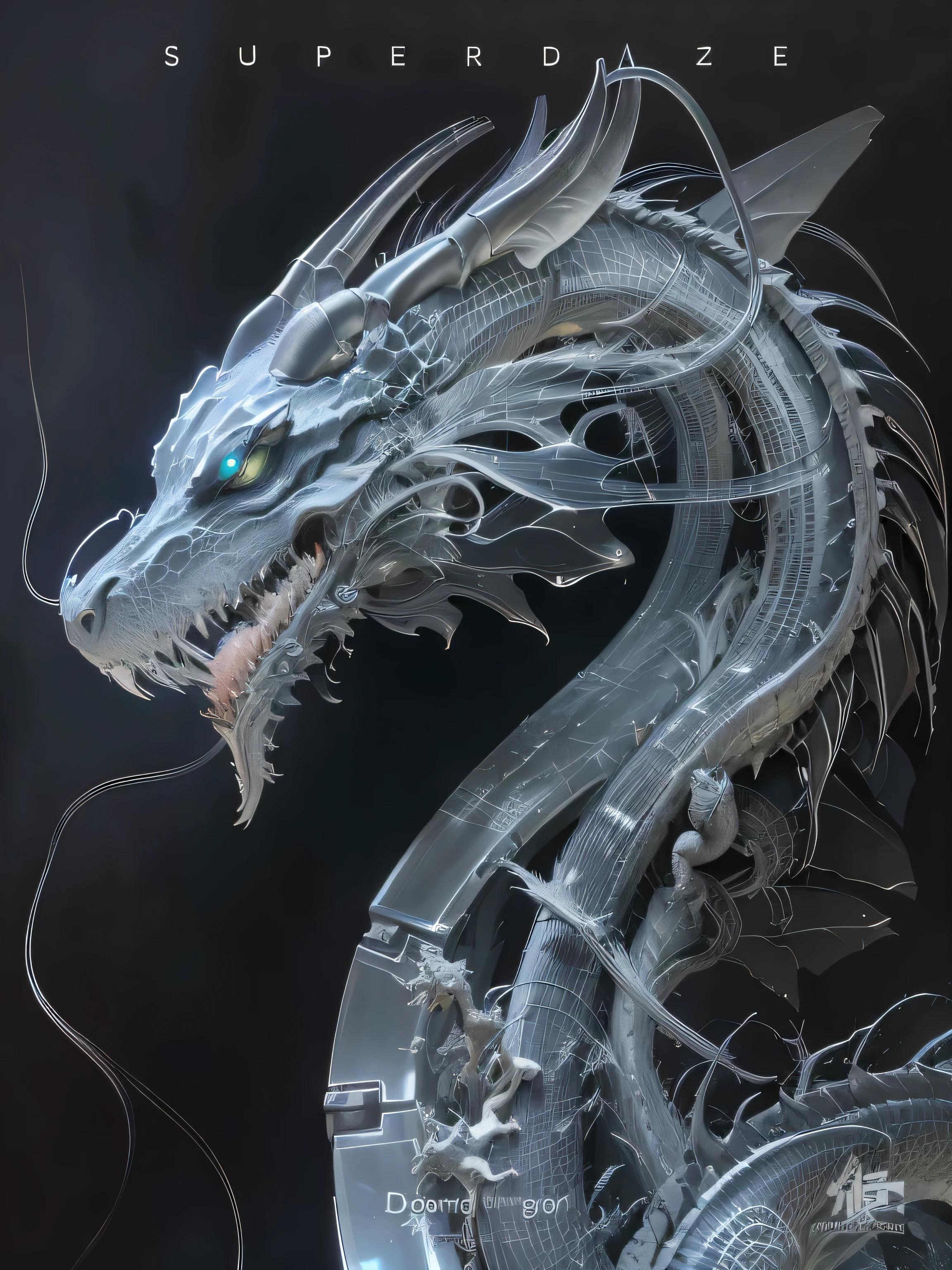 arafed&#39;s long-tailed dragon image, fractal veins. dragon, Sharp and smooth dragon head, sharp dragon head, dragon portrait, Detailed digital 3D art, Complex and gorgeous anime CGI style, dragonart, dragon made from machine parts, Complex digital artwork, cybernetic and highly detailed