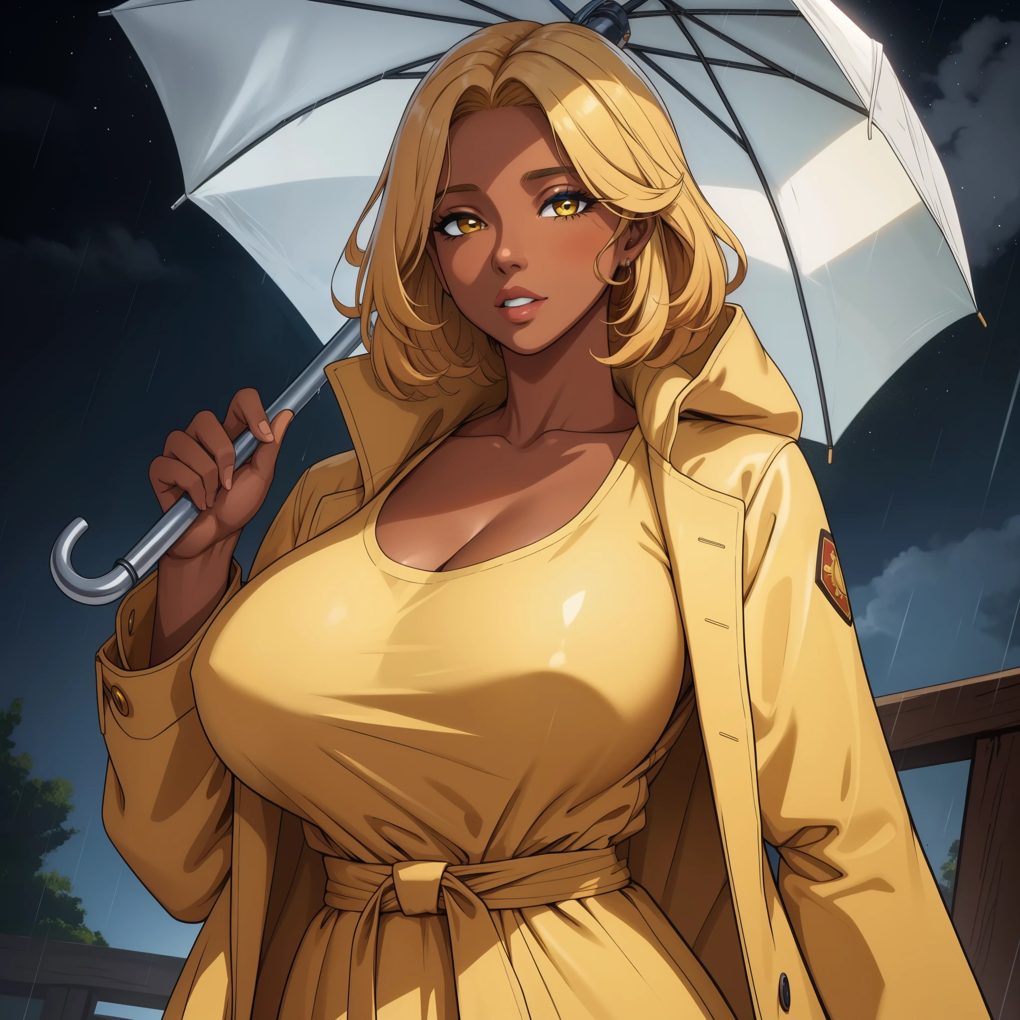 obra de arte, detalhado, Lindo, 1 garota, mulher madura, Milf, Pele escura, dark skinned female, cabelo loiro, olhos dourados, yellow chuva coat, chuva, guarda-chuva