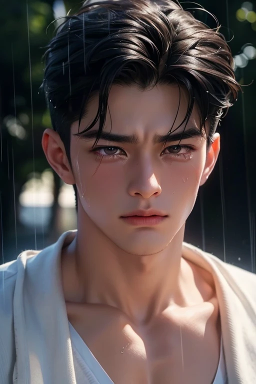 Sweaty shirtless boy with senen dripping off his face