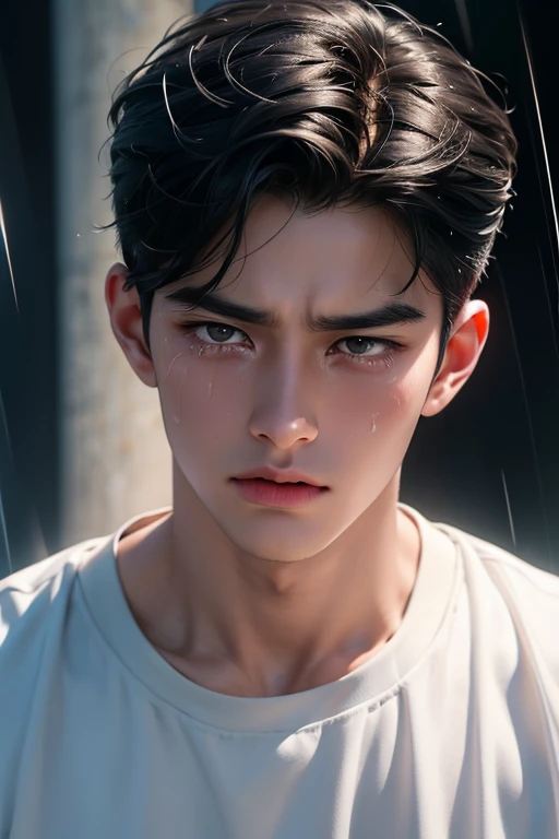 ((High quality)), ((masterpiece)), ((highly detailed)), perfect face, realistic, ((man)), ((Asian)), full body, young, 20 years old, black hair, comma hair style, ((handsome)), detailed eyes, beautiful detailed nose, realistic body, realistic light, comfortable expressions, sad expression, cute guy, sweat guy, cool guy, young, ((sad)), ((crying)), tears, sadness, rain, ((screaming)), a man was crying, his face was very sad, very disappointed, screaming