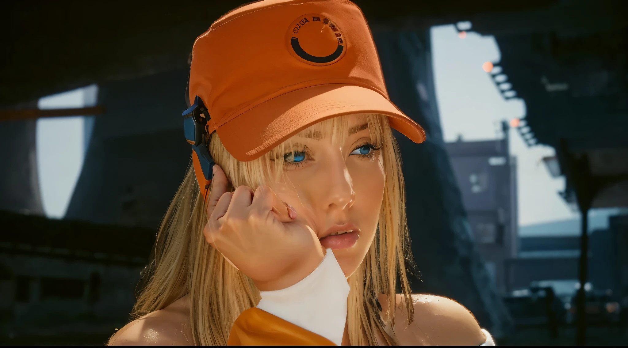Blonde hair,cute,(((Sweats on body))),((blue eyes)),(((deep navel))),hot,big cleavages,(big cleavage),(((deep belly button))),bored face
